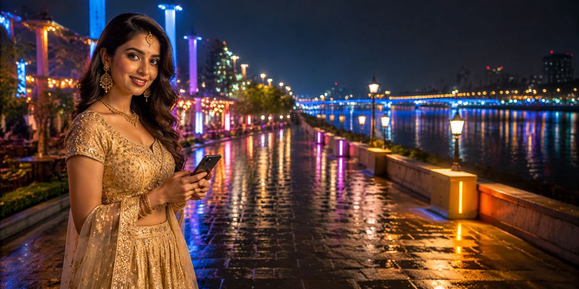 Player enjoying live casino games on mobile device at Ahmedabad riverfront