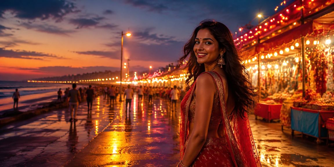 Chennai Marina Beach with festive casino bonus imagery showcasing Indian player engagement