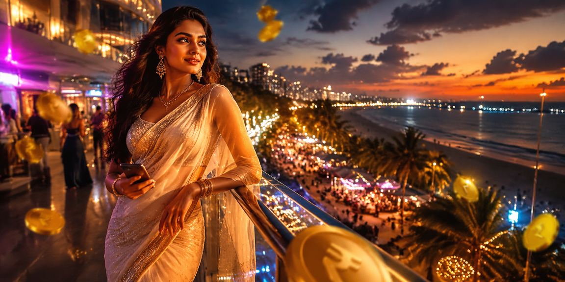 Young woman playing casino games on smartphone at Goa beach