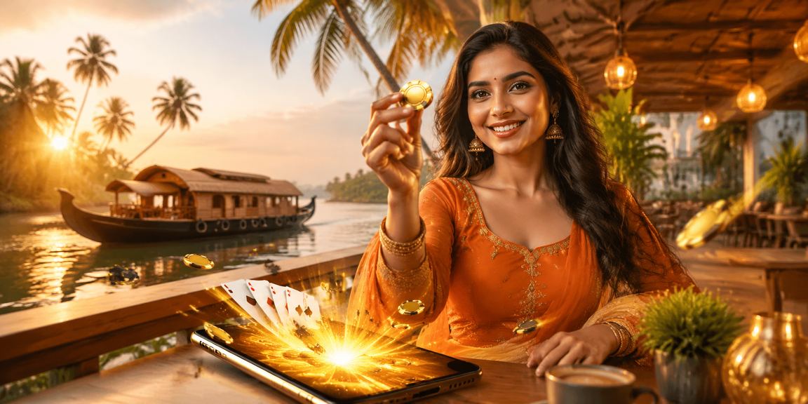Indian player enjoying mobile casino gaming by Kerala backwaters